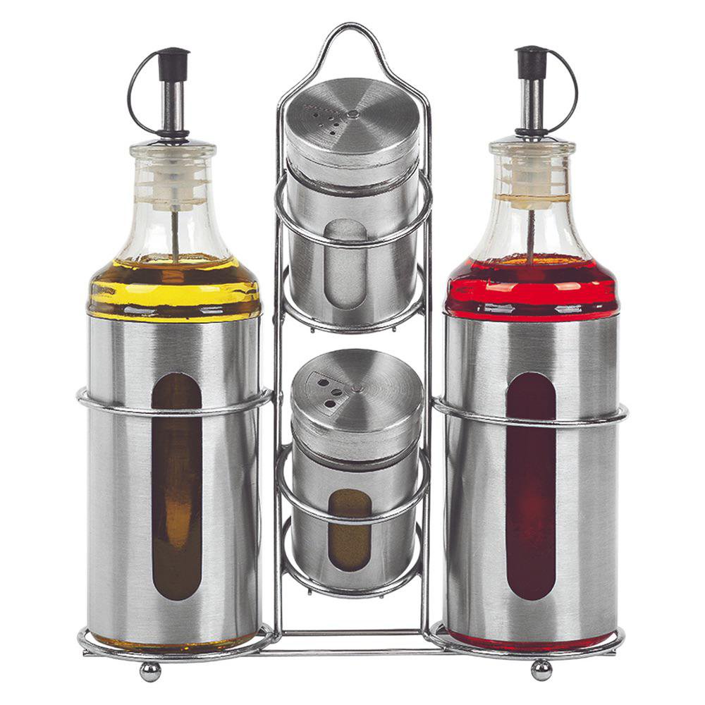 Set de Especieros con Base de Acero Inoxidable para Aceite, Vinagre, Sal y Pimienta Set de Especieros con Base Color Plateado