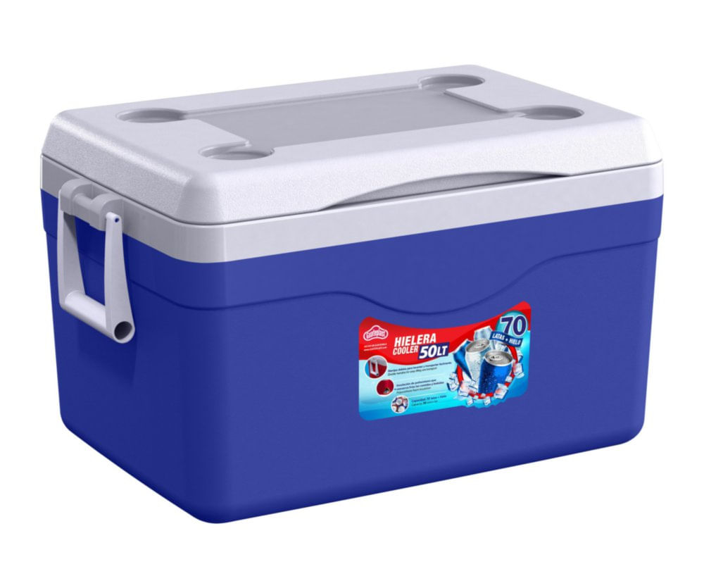 Hielera Rectangular Rígida Polar de 50 Litros con Porta Vasos y Drenaje Azul