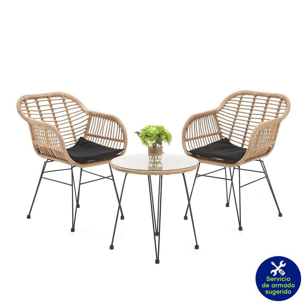 Set de Muebles de Exterior de Ratán 3 Piezas Color Café Claro y Negro