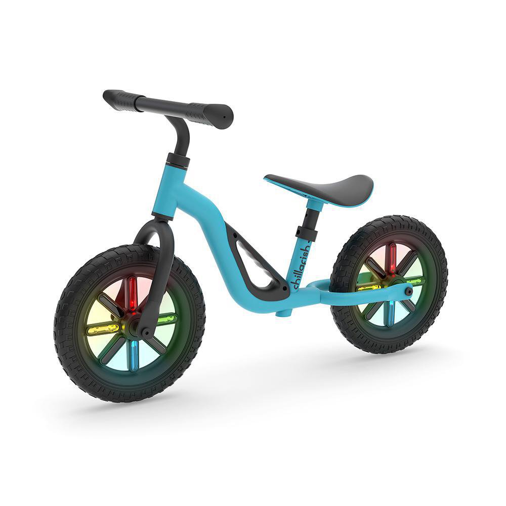 Bicicleta de Equilibrio Infantil con Ruedas Luminosas Marco Metálico 10 Plg - Varios Colores Celeste