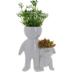 Planta Artificial Con Maceta Muñequito Con Perrito Blanco 12.9 X 9 X 21 Cm - Concepts