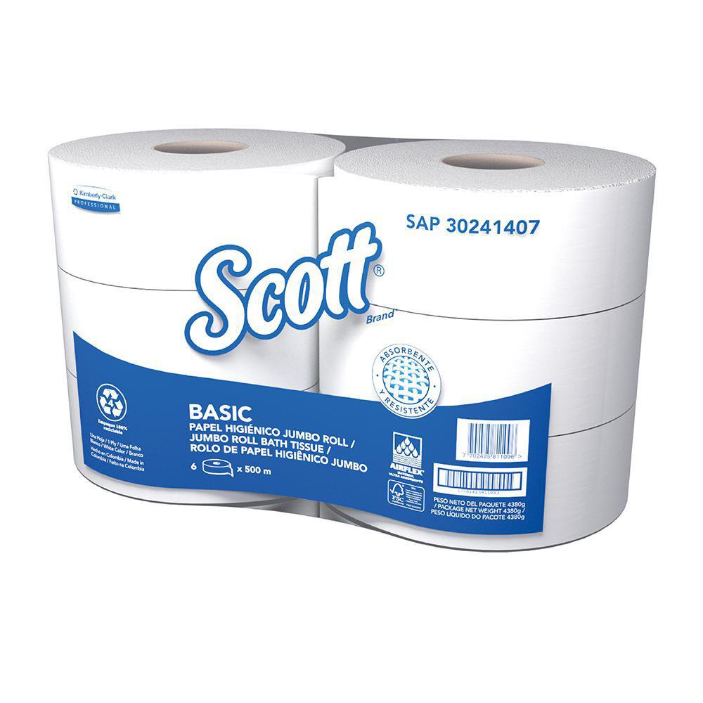 Papel Higiénico Institucional Scott Jumbo Hoja Simple 6 Rollos de 500 m Blanco