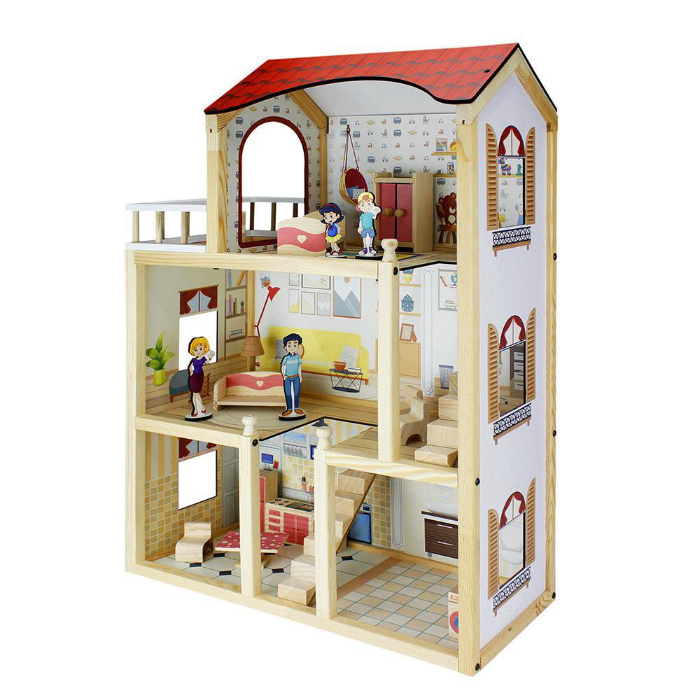 Casa de Muñecas de Madera con Muebles y Accesorios de 17 Piezas 3+ Años Casa de Muñecas de…