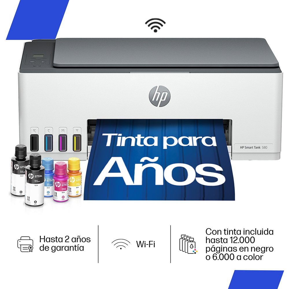 Impresora Multifuncional Smart Tank 580 con Wi-Fi y Tinta Incluida en Color Blanco Impreso…