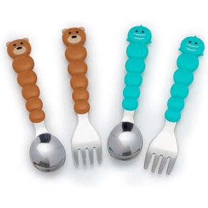 Juego De Cucharas Y Tenedores Diseño Oso Y Tiburón 4 Pzas - Melii