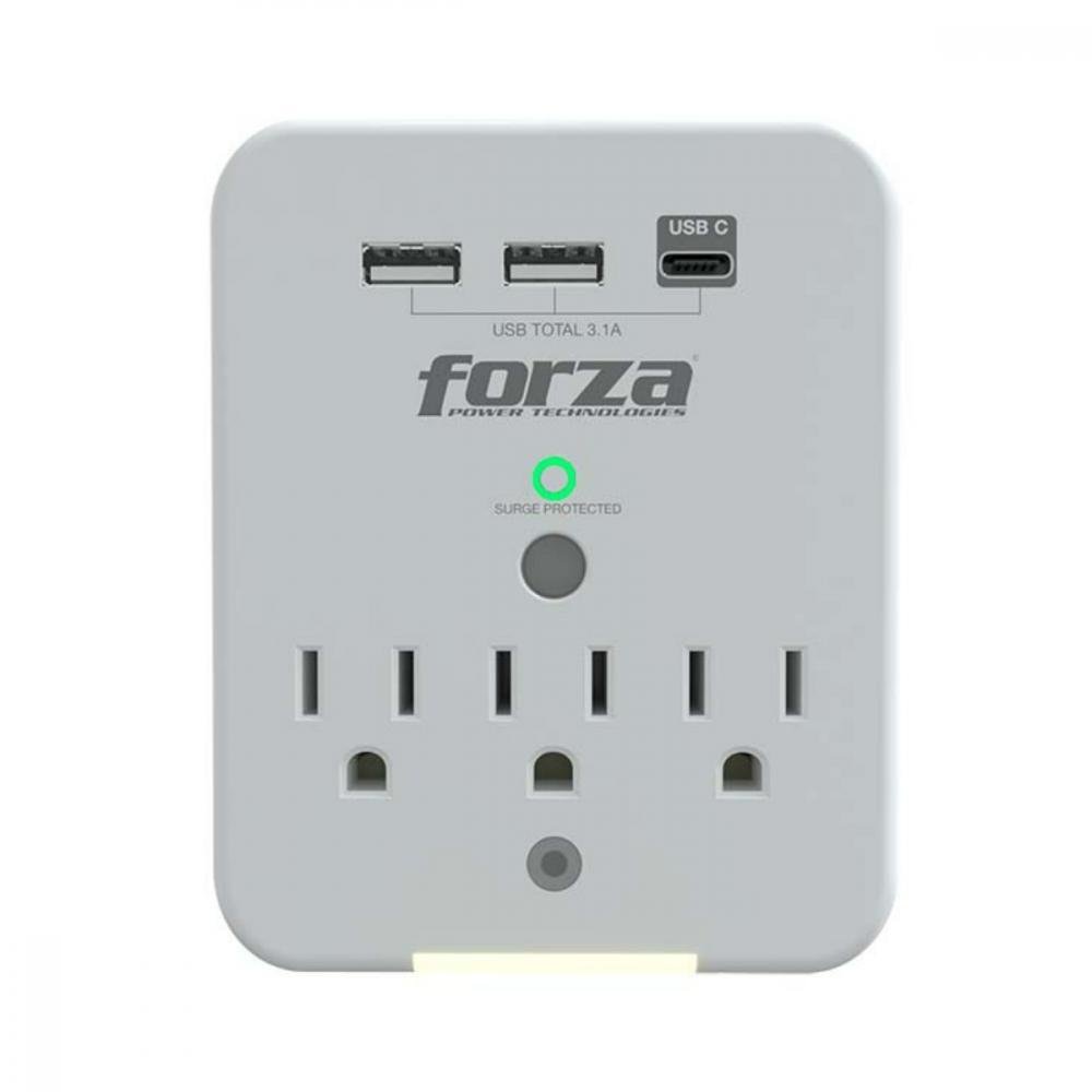 Protector de Voltaje de 3 Entradas + 2 USB Blanca Tipo A + 1 USB Tipo C